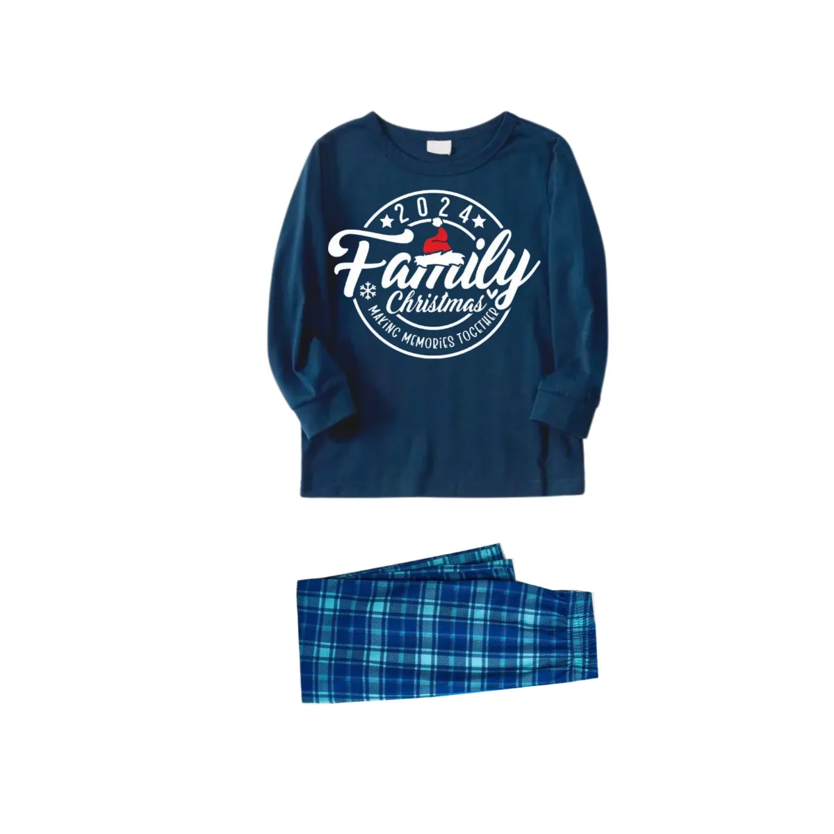 "2024 Family Christmas Making Memories Together" Text Ring Pattern - Blue Long Sleeve Top With Blue Plaid Family Matching Pajamas