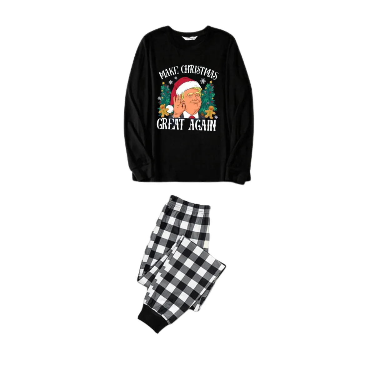 "MERRY CHRISTMAS GREAT AGAIN" Letter Printed Black and White Plaid Family Pajamas Sets
