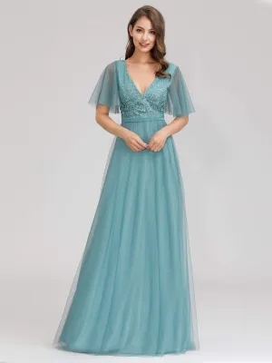 Romantic Deep V-Neck Embroidery Tulle Bridesmaid Dresses