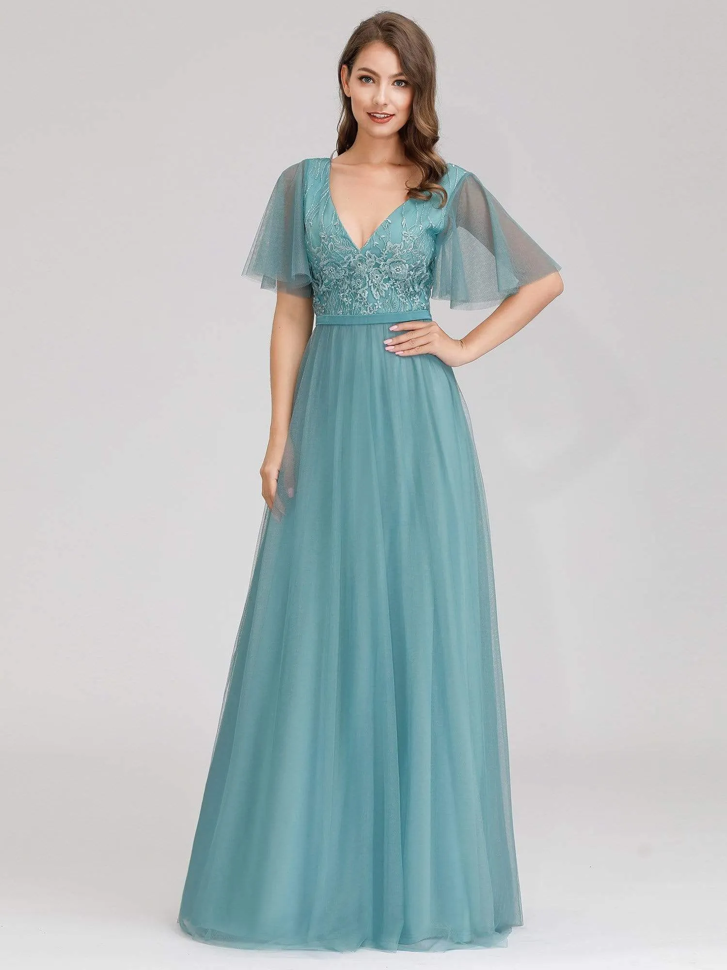 Romantic Deep V-Neck Embroidery Tulle Bridesmaid Dresses