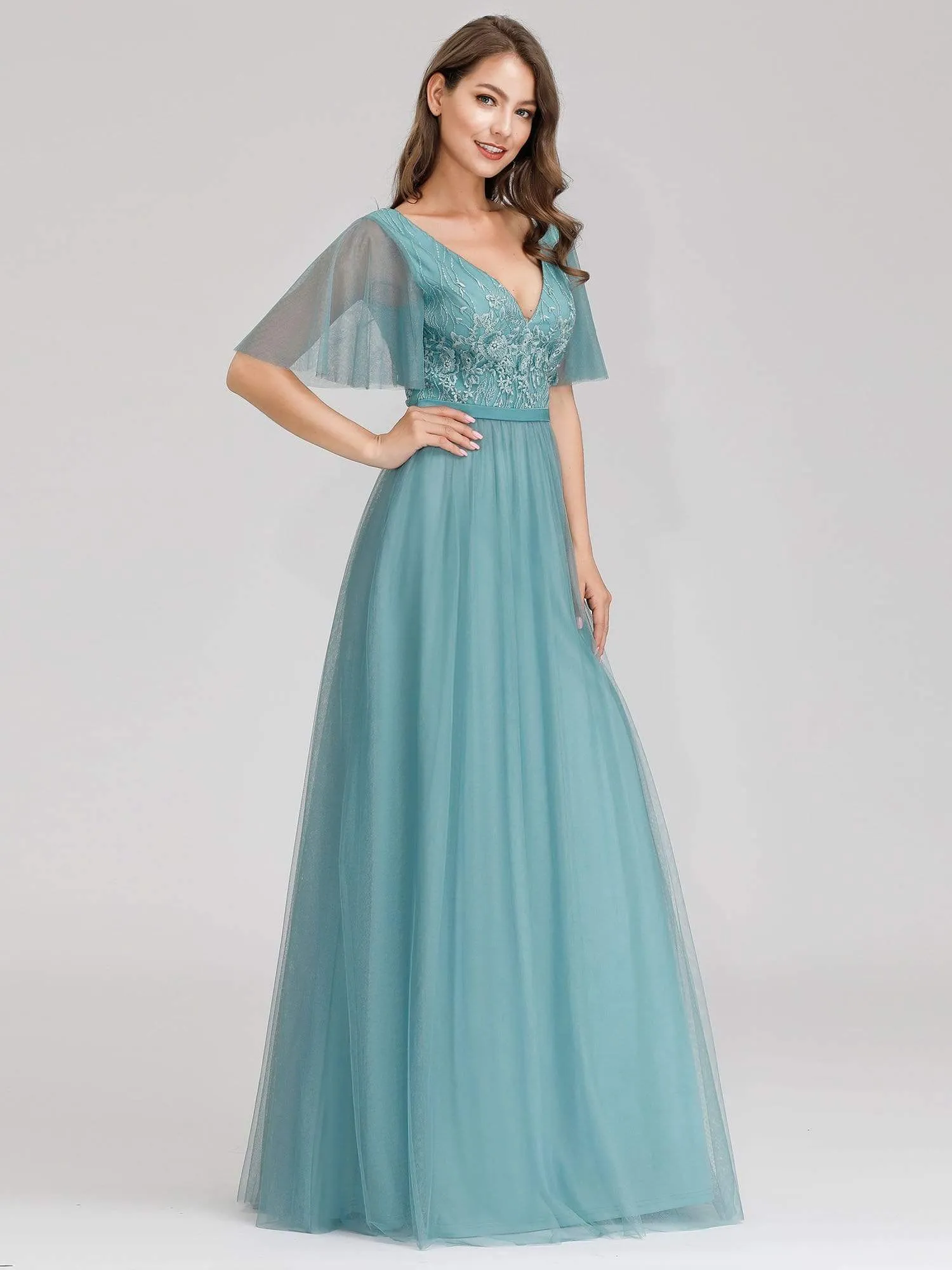 Romantic Deep V-Neck Embroidery Tulle Bridesmaid Dresses