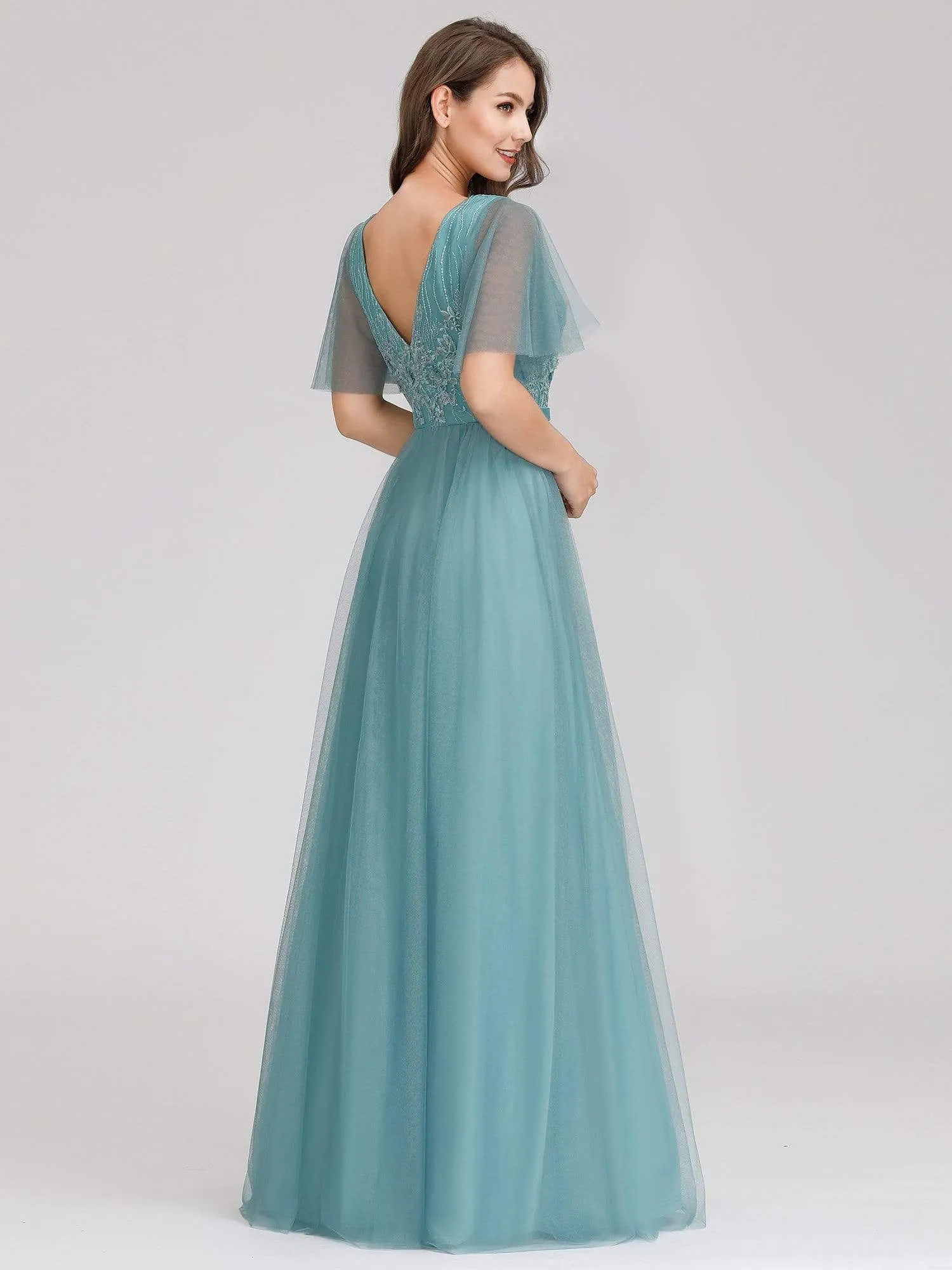 Romantic Deep V-Neck Embroidery Tulle Bridesmaid Dresses