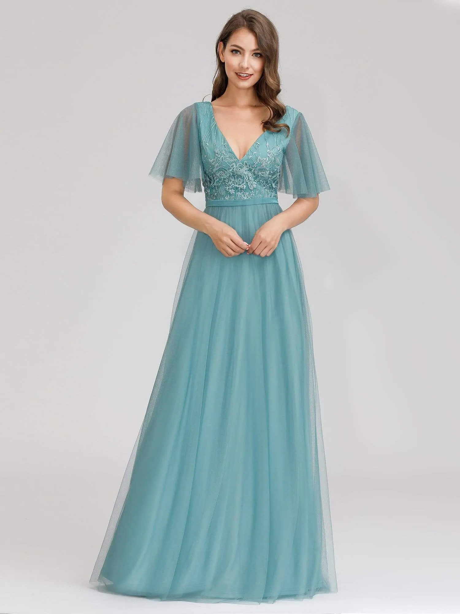 Romantic Deep V-Neck Embroidery Tulle Bridesmaid Dresses
