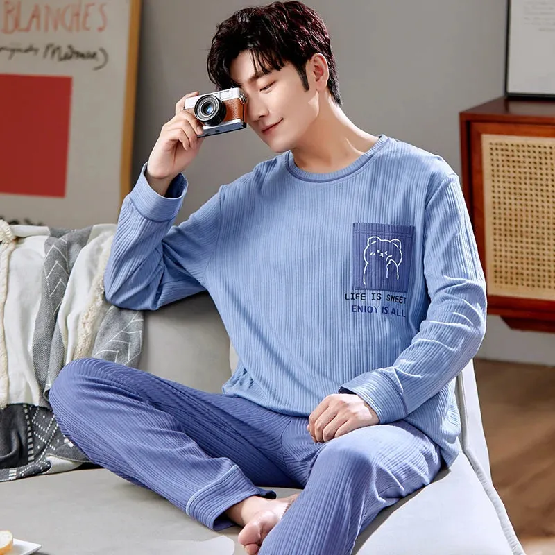 Spring Autumn Plus 5XL Knitted Men's Sleepwear Letter Lattice Pajamas Plaid Pajamas Sets Casual Loungewear Pyjamas Night Fashion