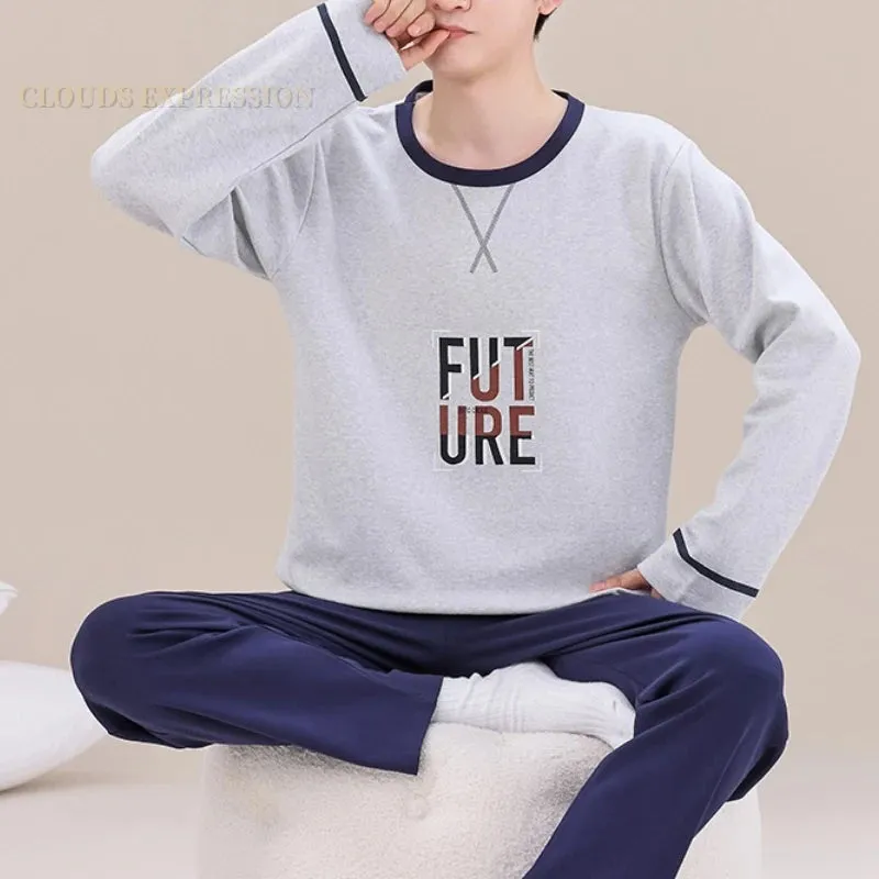 Spring Autumn Plus 5XL Knitted Men's Sleepwear Letter Lattice Pajamas Plaid Pajamas Sets Casual Loungewear Pyjamas Night Fashion