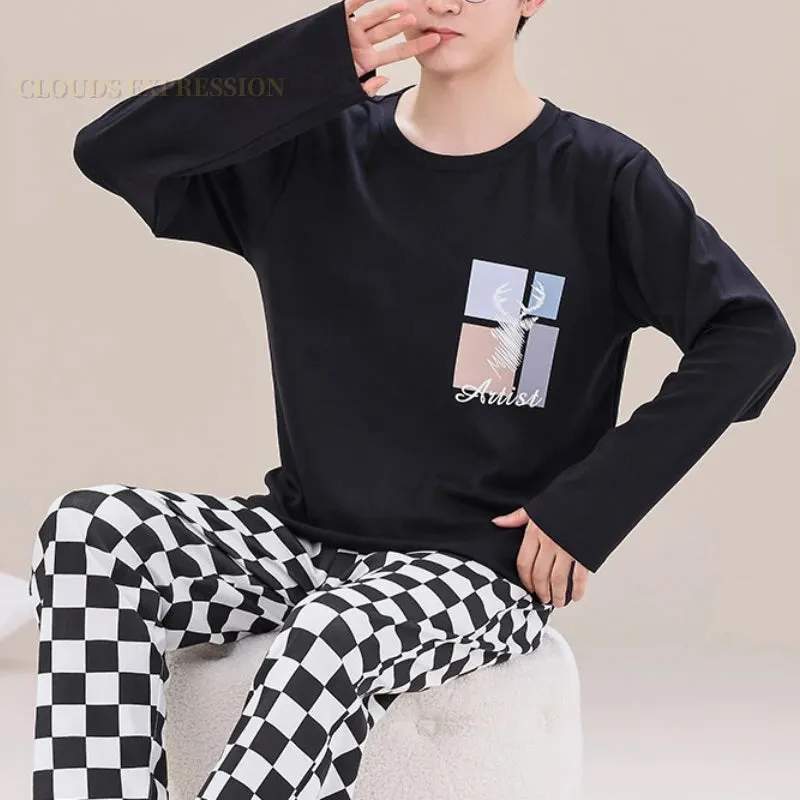 Spring Autumn Plus 5XL Knitted Men's Sleepwear Letter Lattice Pajamas Plaid Pajamas Sets Casual Loungewear Pyjamas Night Fashion