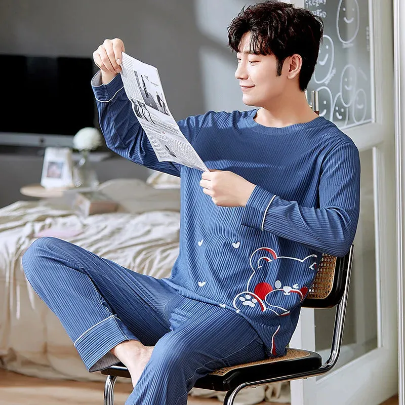 Spring Autumn Plus 5XL Knitted Men's Sleepwear Letter Lattice Pajamas Plaid Pajamas Sets Casual Loungewear Pyjamas Night Fashion