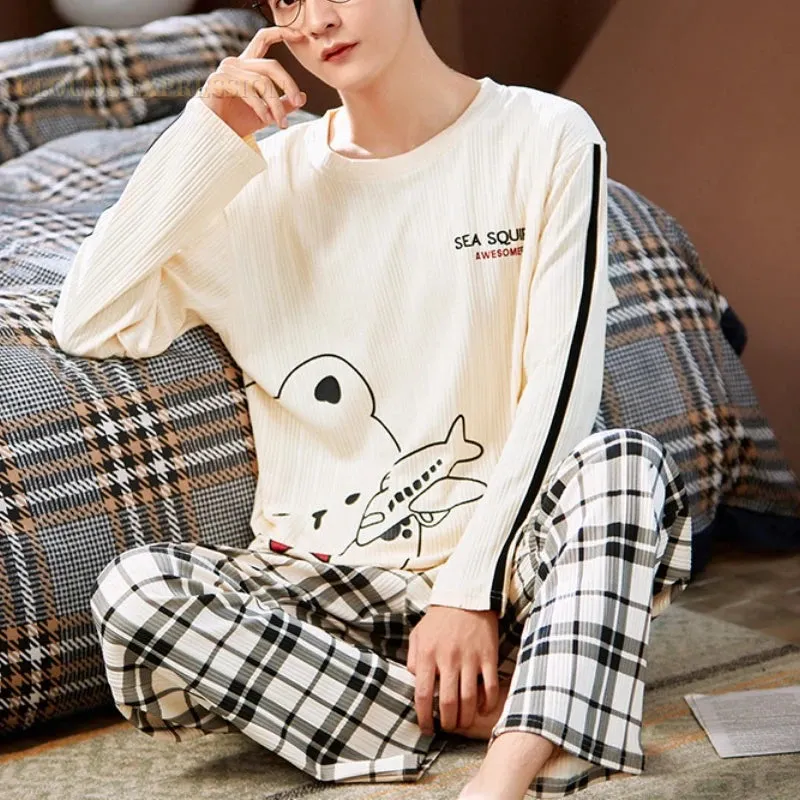 Spring Autumn Plus 5XL Knitted Men's Sleepwear Letter Lattice Pajamas Plaid Pajamas Sets Casual Loungewear Pyjamas Night Fashion