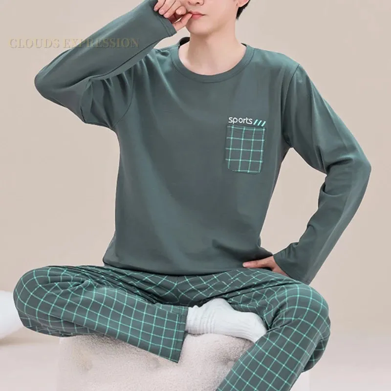 Spring Autumn Plus 5XL Knitted Men's Sleepwear Letter Lattice Pajamas Plaid Pajamas Sets Casual Loungewear Pyjamas Night Fashion