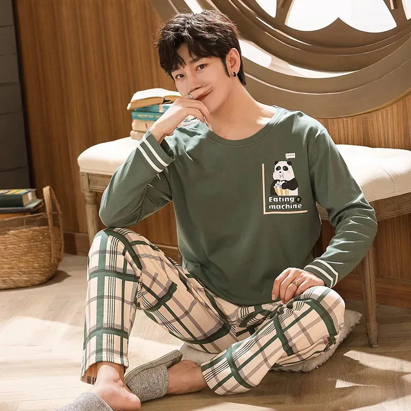 Spring Autumn Plus 5XL Knitted Men's Sleepwear Letter Lattice Pajamas Plaid Pajamas Sets Casual Loungewear Pyjamas Night Fashion
