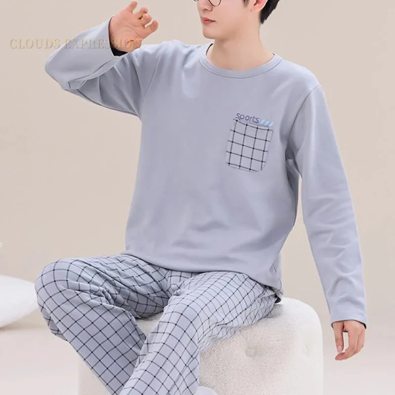 Spring Autumn Plus 5XL Knitted Men's Sleepwear Letter Lattice Pajamas Plaid Pajamas Sets Casual Loungewear Pyjamas Night Fashion