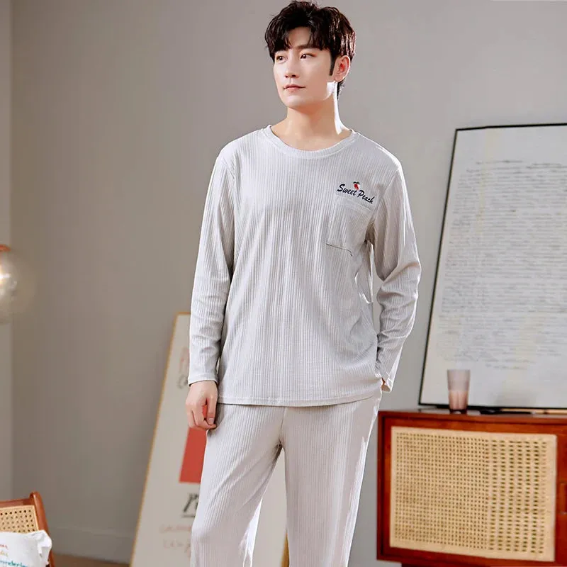 Spring Autumn Plus 5XL Knitted Men's Sleepwear Letter Lattice Pajamas Plaid Pajamas Sets Casual Loungewear Pyjamas Night Fashion
