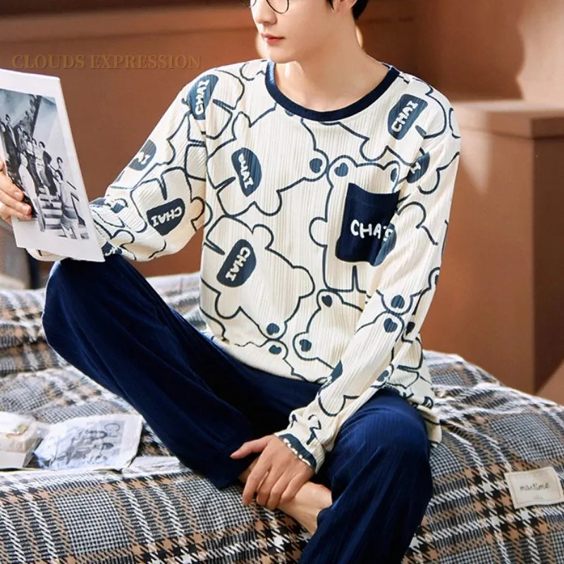 Spring Autumn Plus 5XL Knitted Men's Sleepwear Letter Lattice Pajamas Plaid Pajamas Sets Casual Loungewear Pyjamas Night Fashion