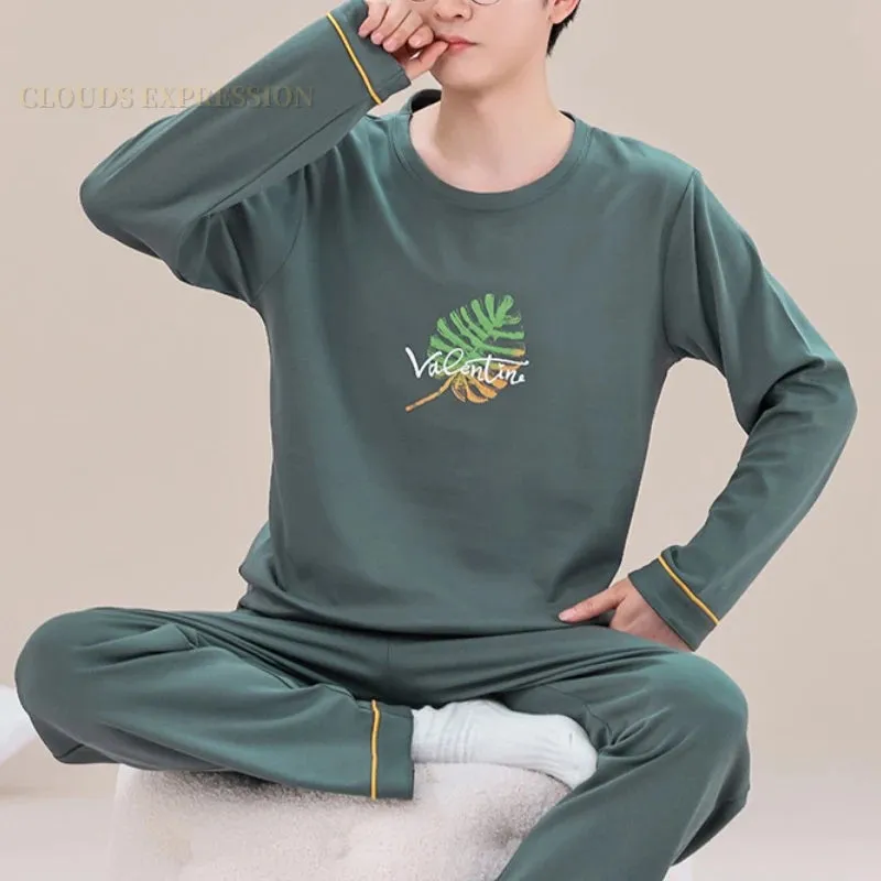 Spring Autumn Plus 5XL Knitted Men's Sleepwear Letter Lattice Pajamas Plaid Pajamas Sets Casual Loungewear Pyjamas Night Fashion