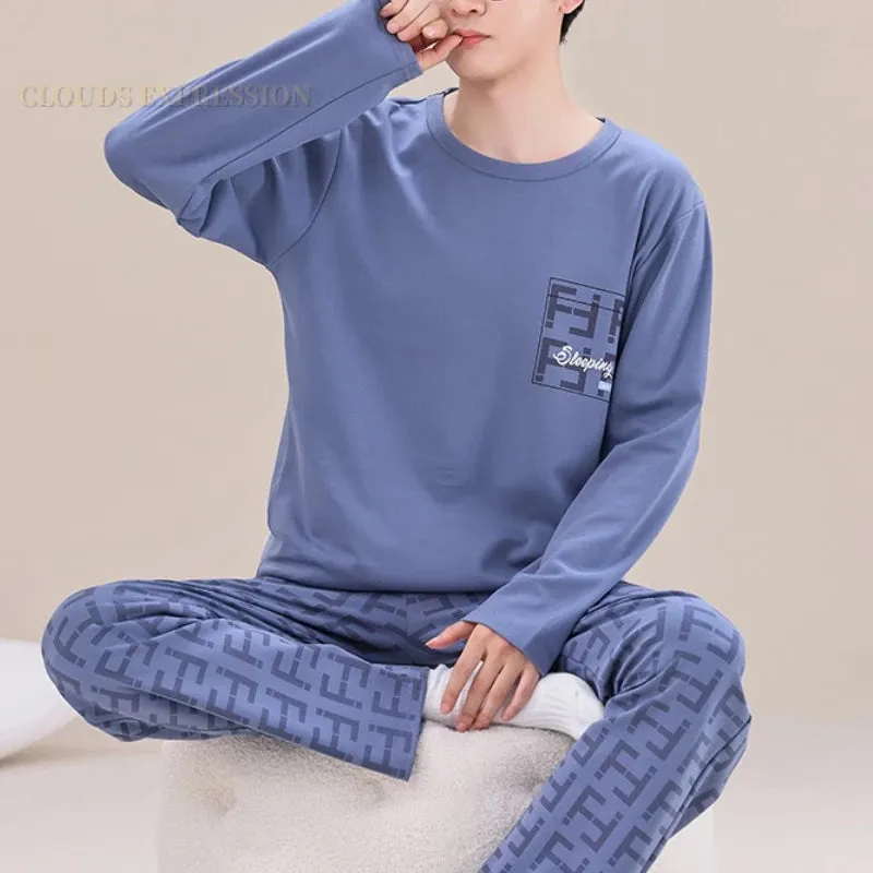 Spring Autumn Plus 5XL Knitted Men's Sleepwear Letter Lattice Pajamas Plaid Pajamas Sets Casual Loungewear Pyjamas Night Fashion