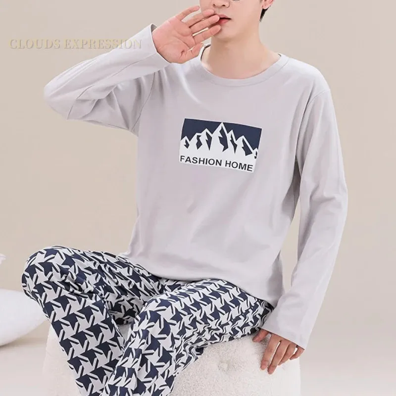 Spring Autumn Plus 5XL Knitted Men's Sleepwear Letter Lattice Pajamas Plaid Pajamas Sets Casual Loungewear Pyjamas Night Fashion