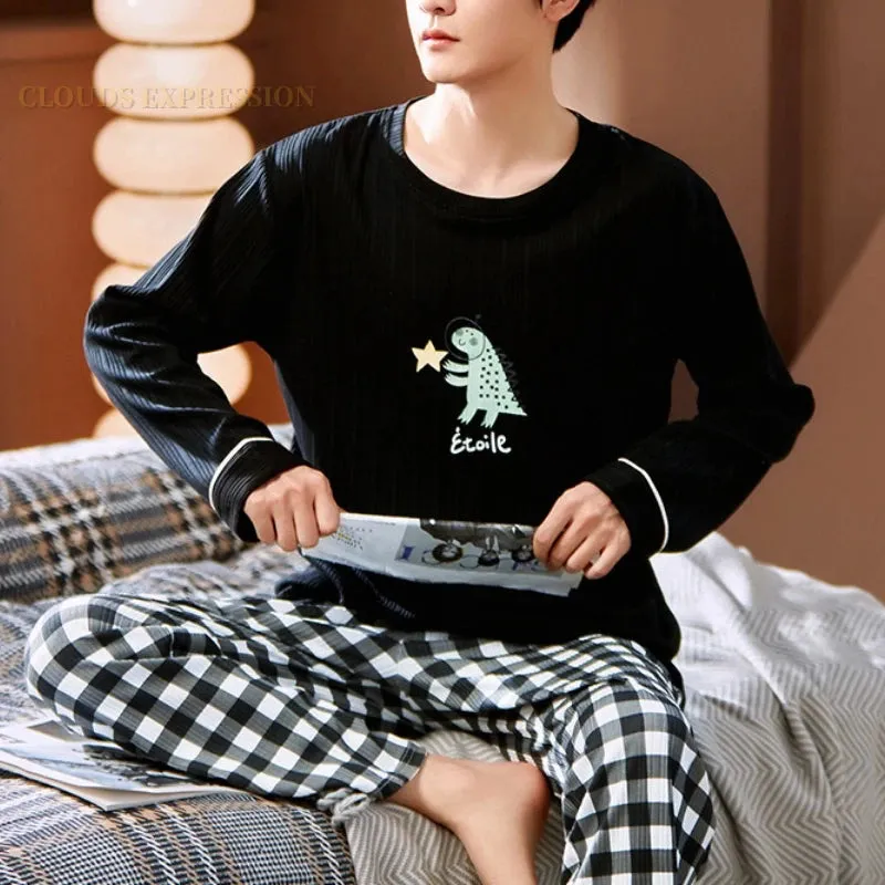 Spring Autumn Plus 5XL Knitted Men's Sleepwear Letter Lattice Pajamas Plaid Pajamas Sets Casual Loungewear Pyjamas Night Fashion