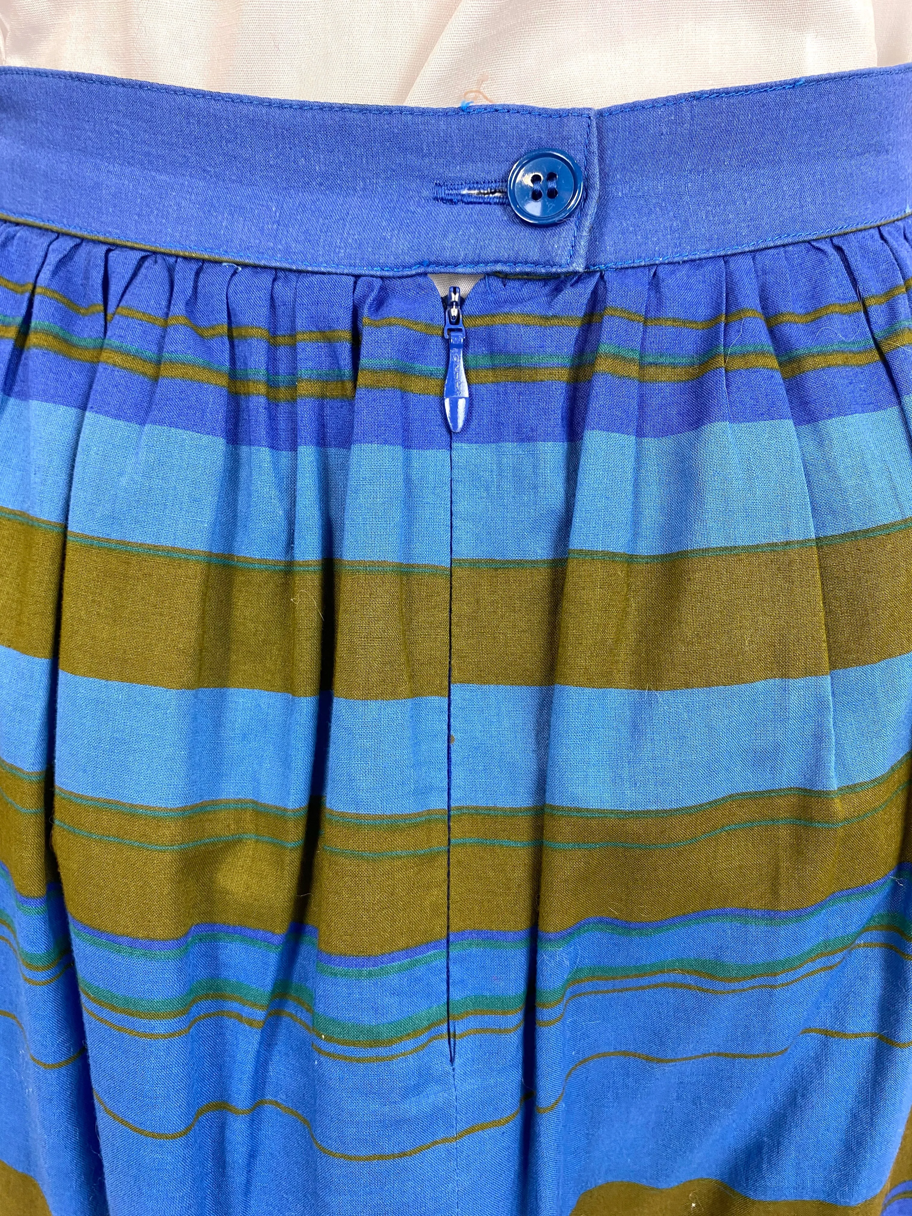 Vintage 1980s Cotton Blue/ Brown Vertical Stripe Skirt, Small