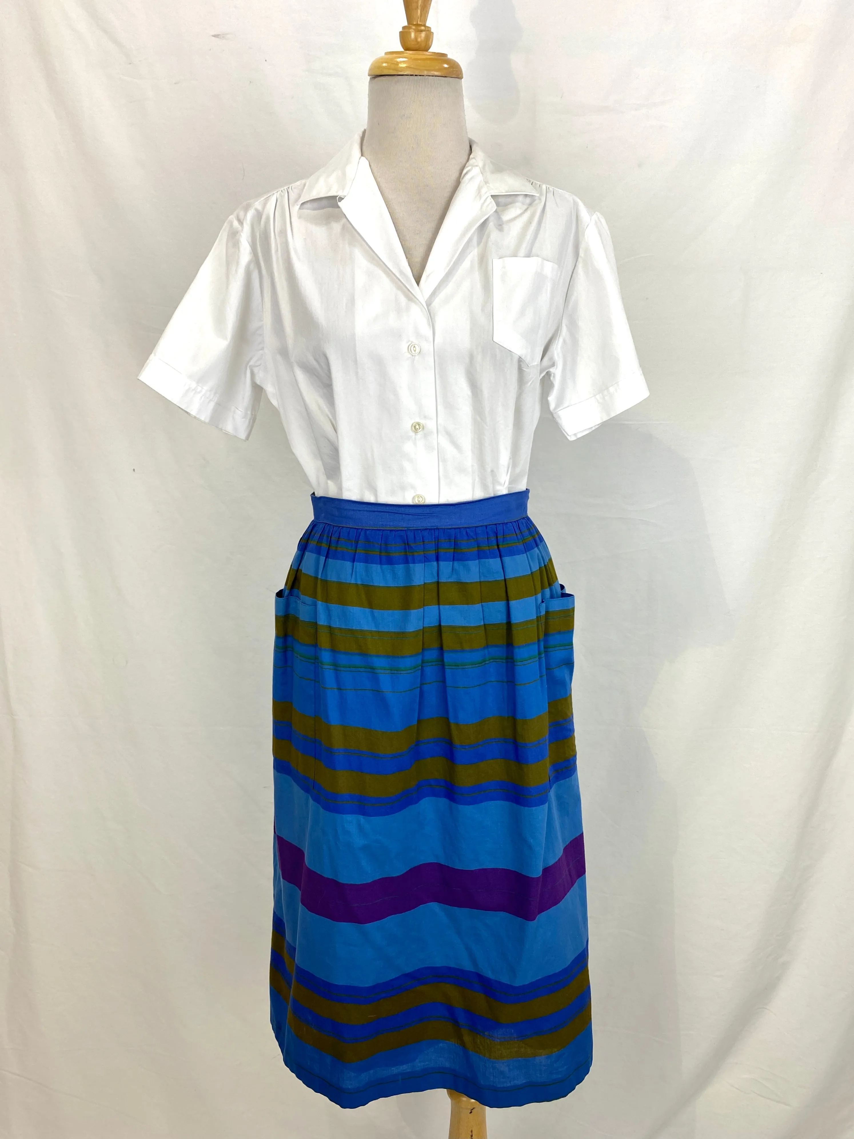 Vintage 1980s Cotton Blue/ Brown Vertical Stripe Skirt, Small
