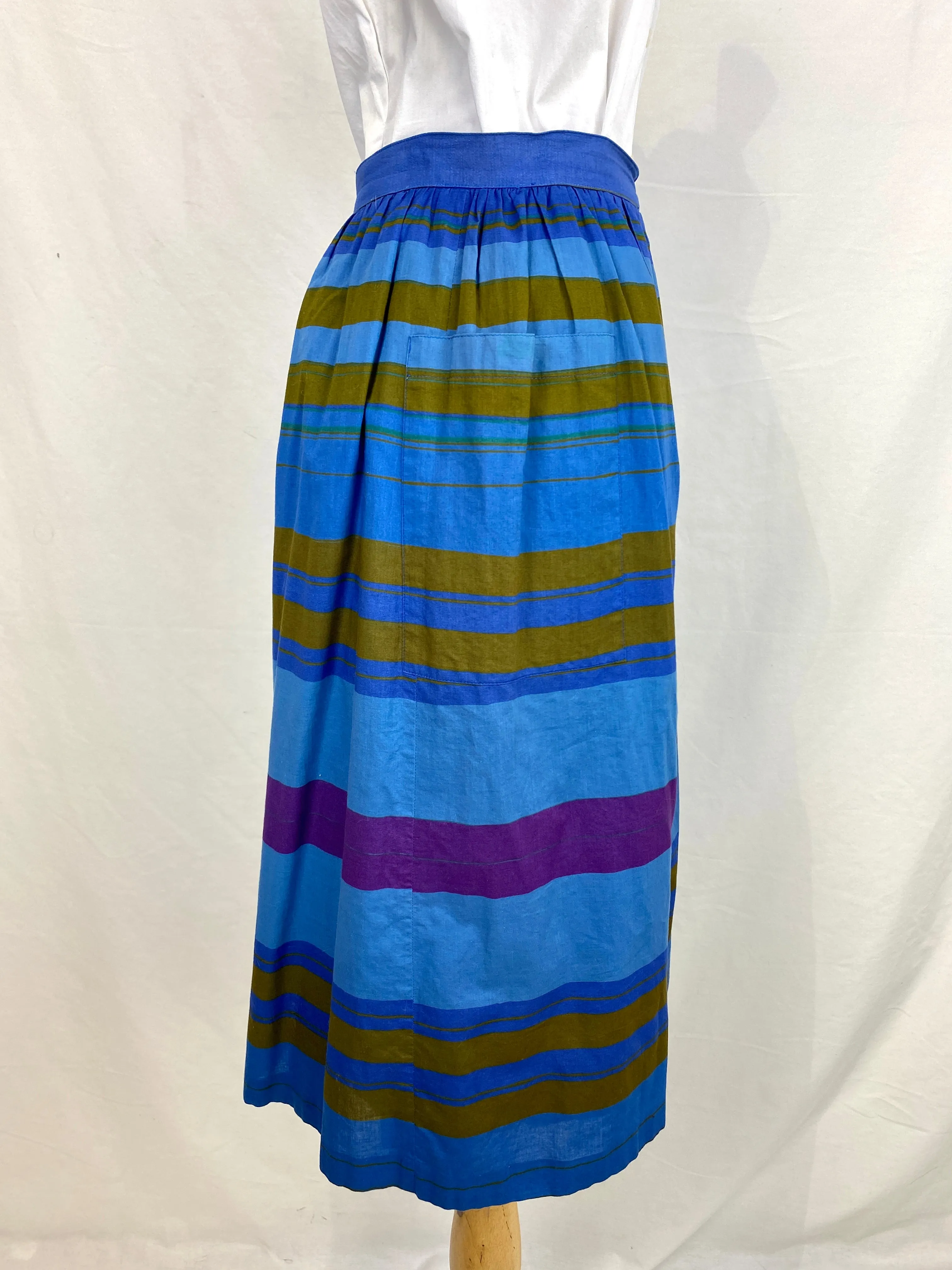 Vintage 1980s Cotton Blue/ Brown Vertical Stripe Skirt, Small