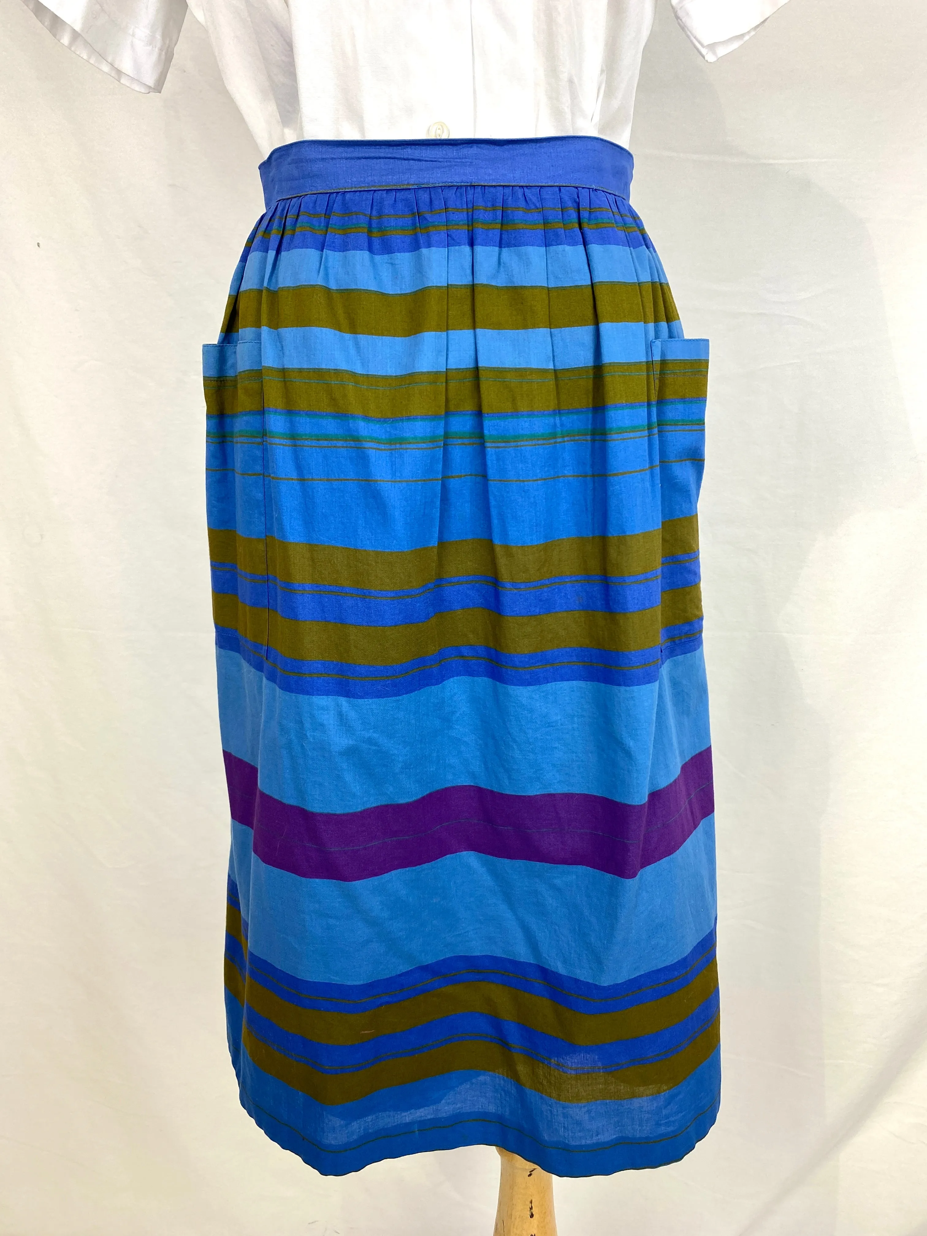 Vintage 1980s Cotton Blue/ Brown Vertical Stripe Skirt, Small