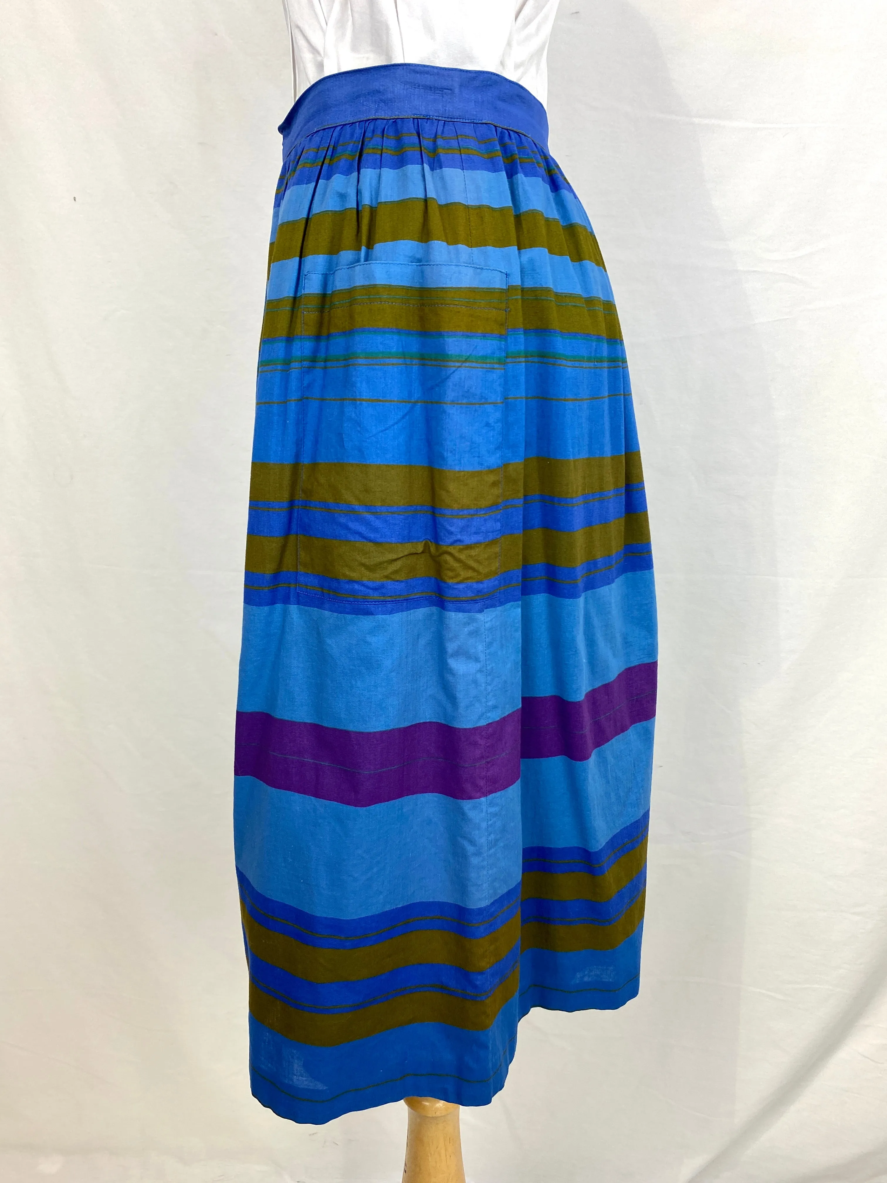 Vintage 1980s Cotton Blue/ Brown Vertical Stripe Skirt, Small