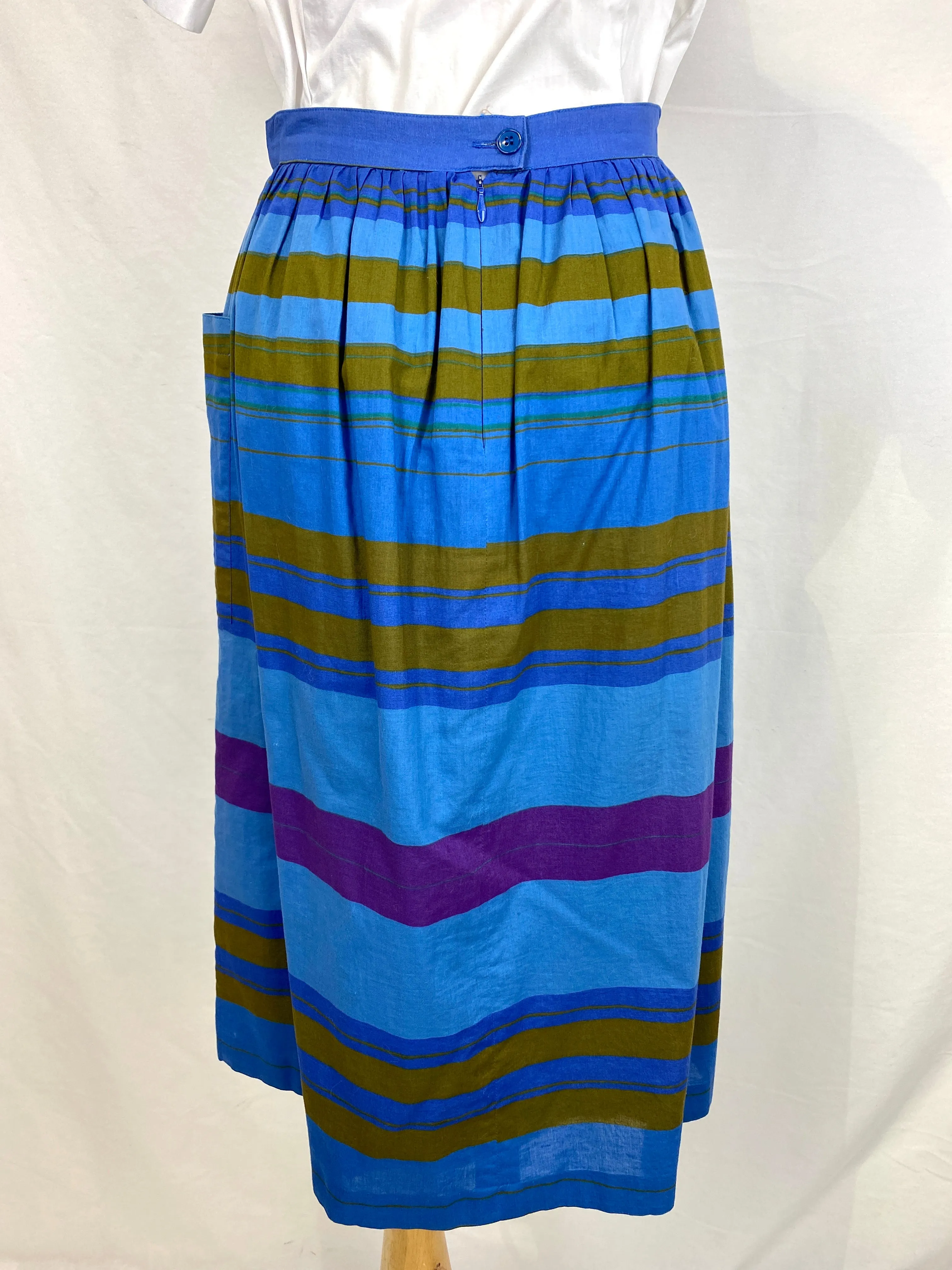 Vintage 1980s Cotton Blue/ Brown Vertical Stripe Skirt, Small