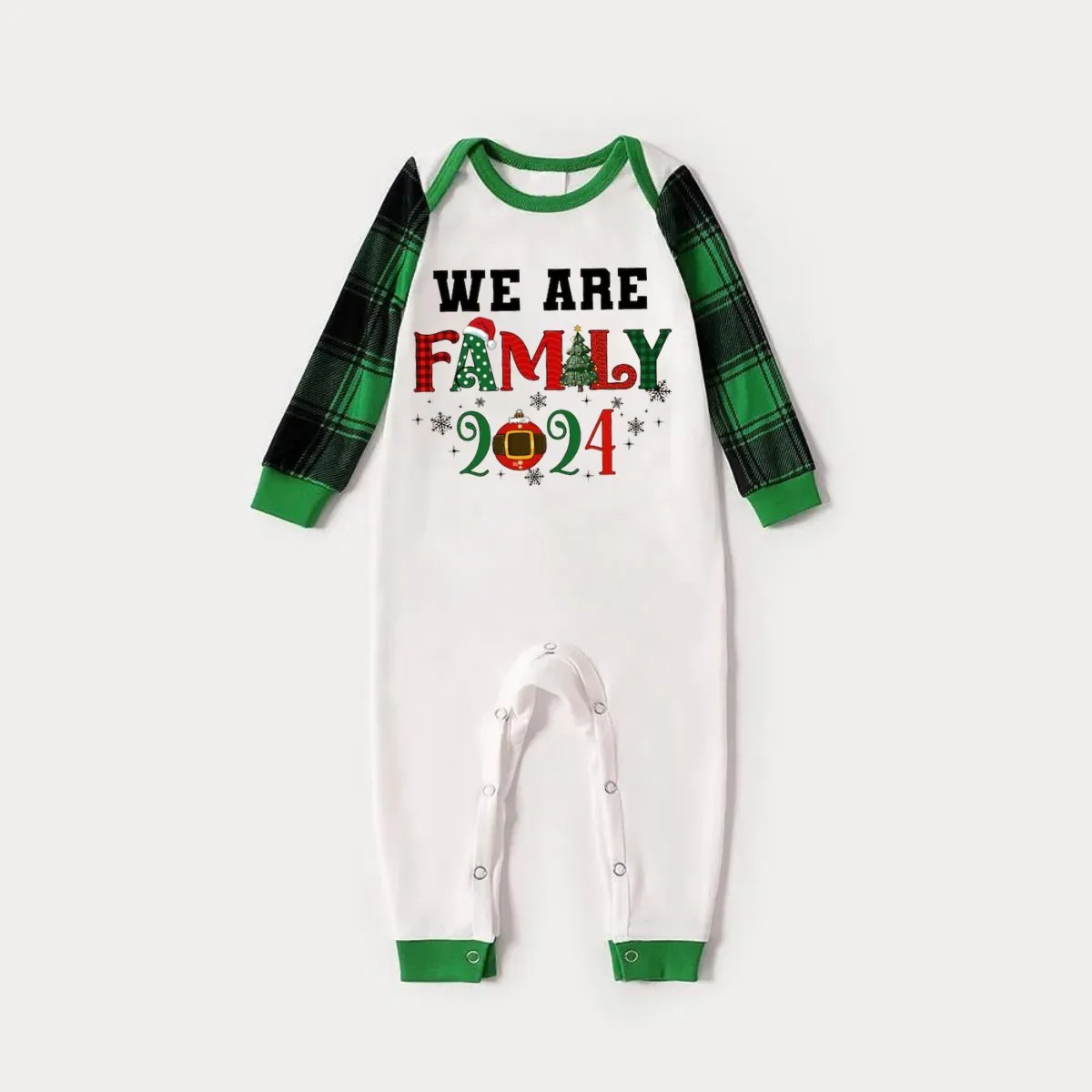 We are Family 2024 Print Long Sleeve Top With Green & Black Plaid Christmas Family Matching Pajamas