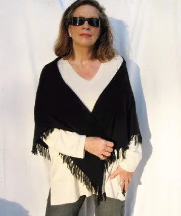 Womens Soft Black Cashmere Fringed Shawl