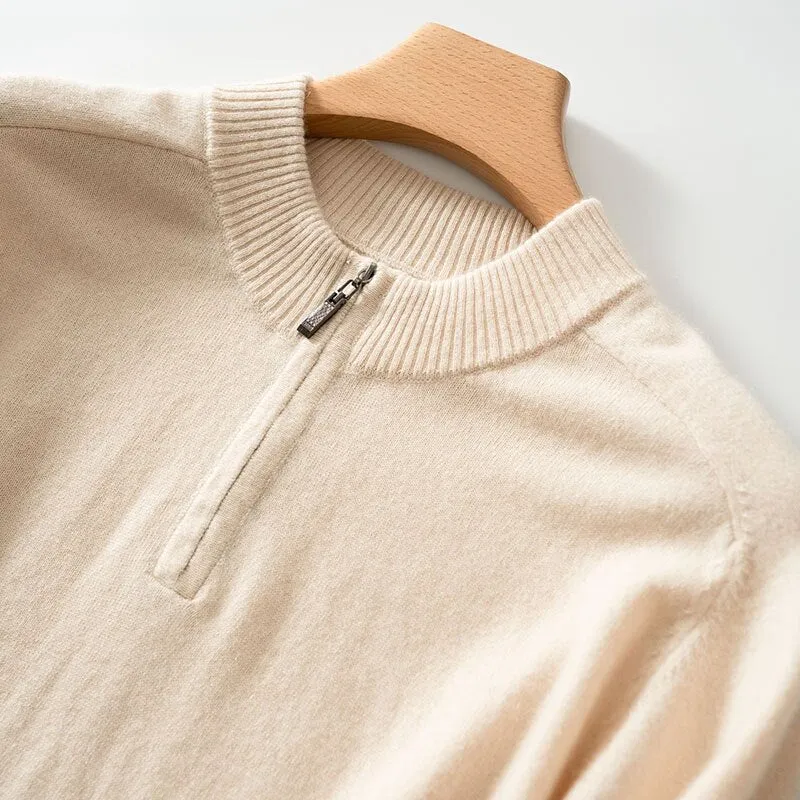 Zipper Neck 100% Goat Cashmere Knitted Long Sleeve Jumper