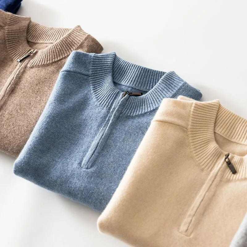 Zipper Neck 100% Goat Cashmere Knitted Long Sleeve Jumper