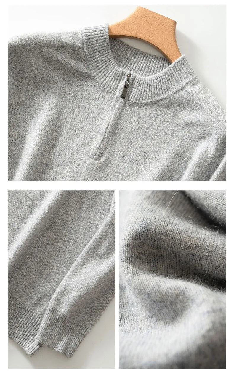 Zipper Neck 100% Goat Cashmere Knitted Long Sleeve Jumper